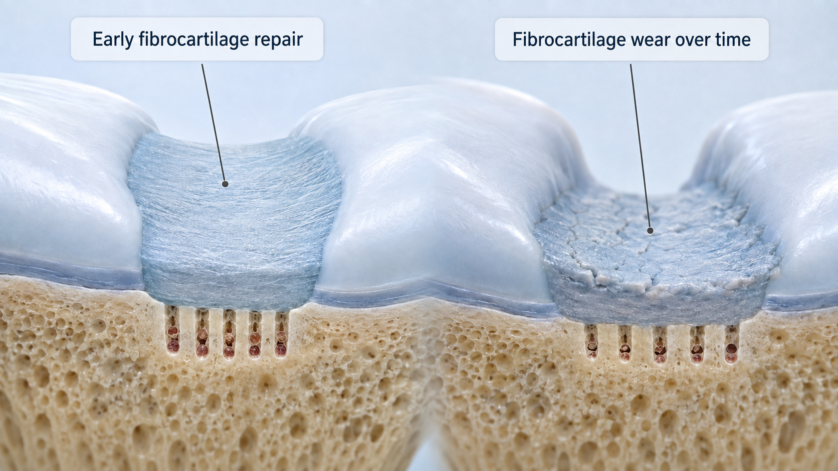 Fibrocartilage produced by microfracture fills the defect early on but is mechanically weaker than natural hyaline cartilage and can wear down over time — typically around the two-year mark.