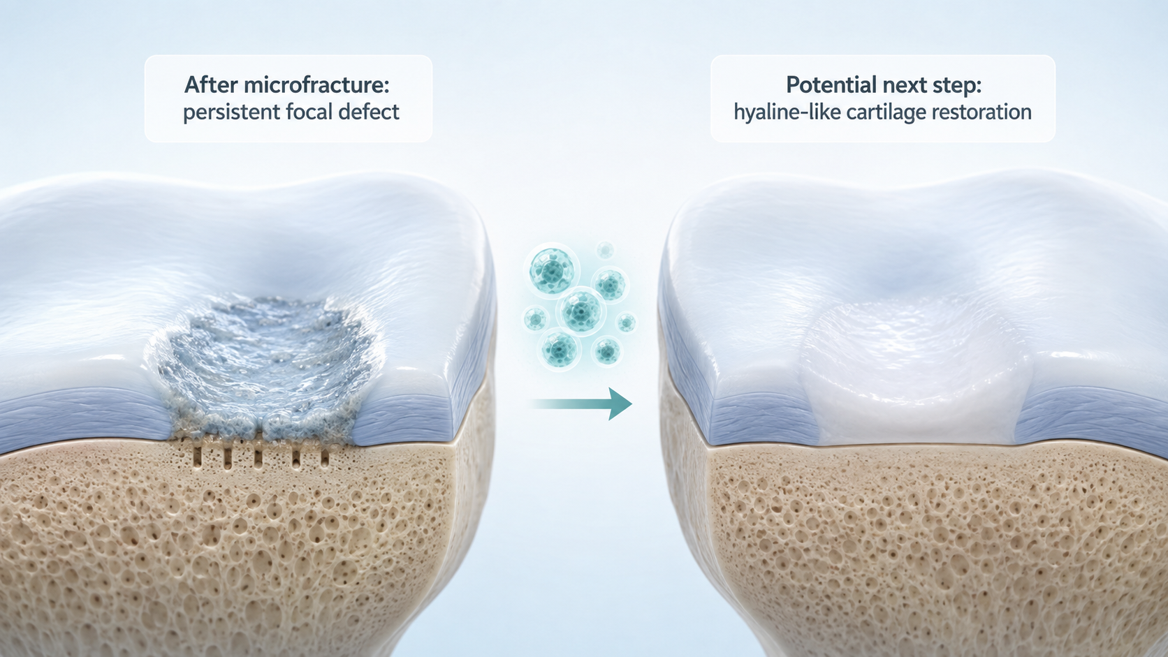 After a failed microfracture, a persistent focal defect remains. Cell-based therapy aims to restore hyaline-like cartilage — tissue that is biologically closer to what the knee had originally.