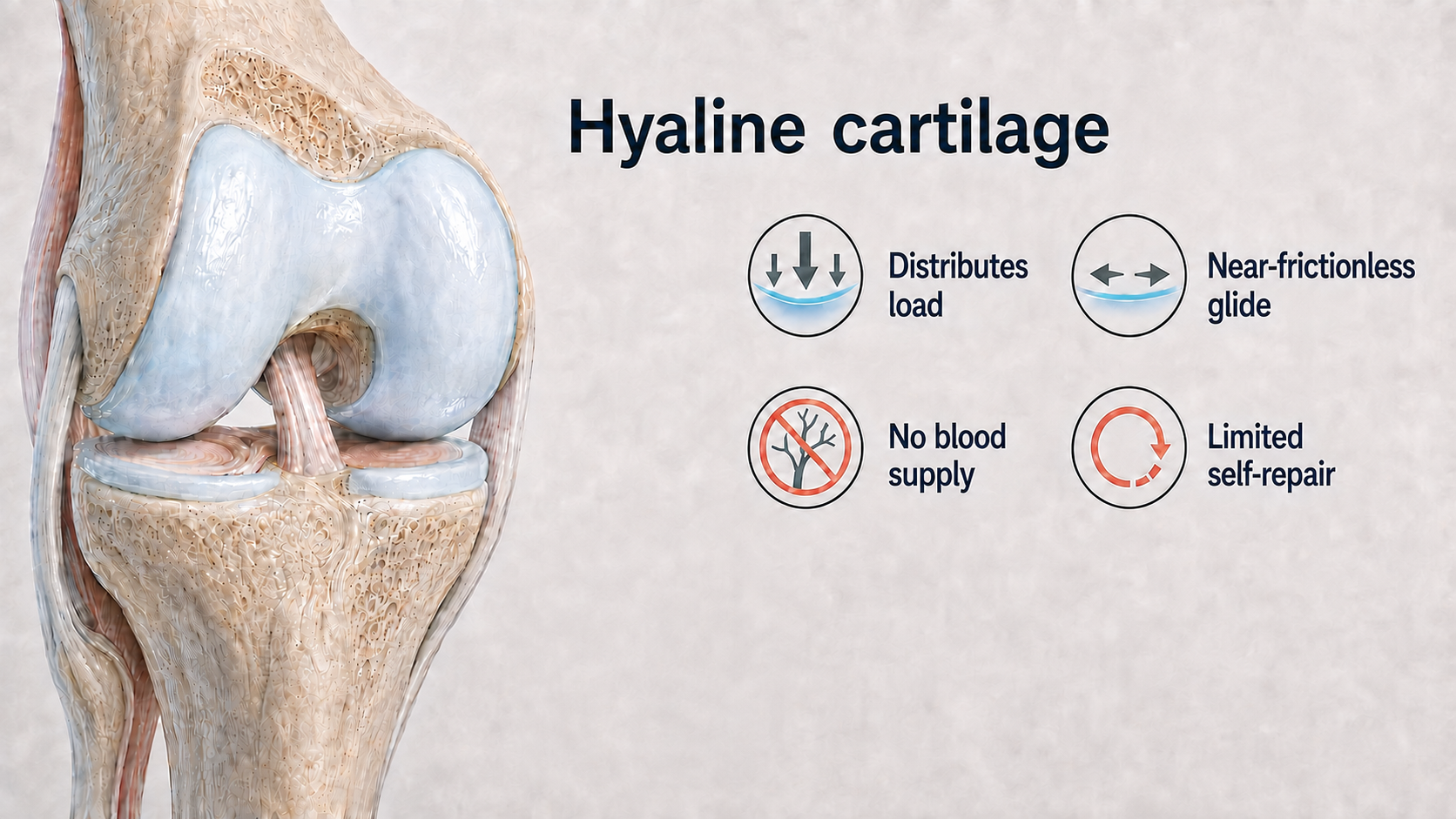 Hyaline cartilage is the tissue on which the smooth function of a healthy knee depends.