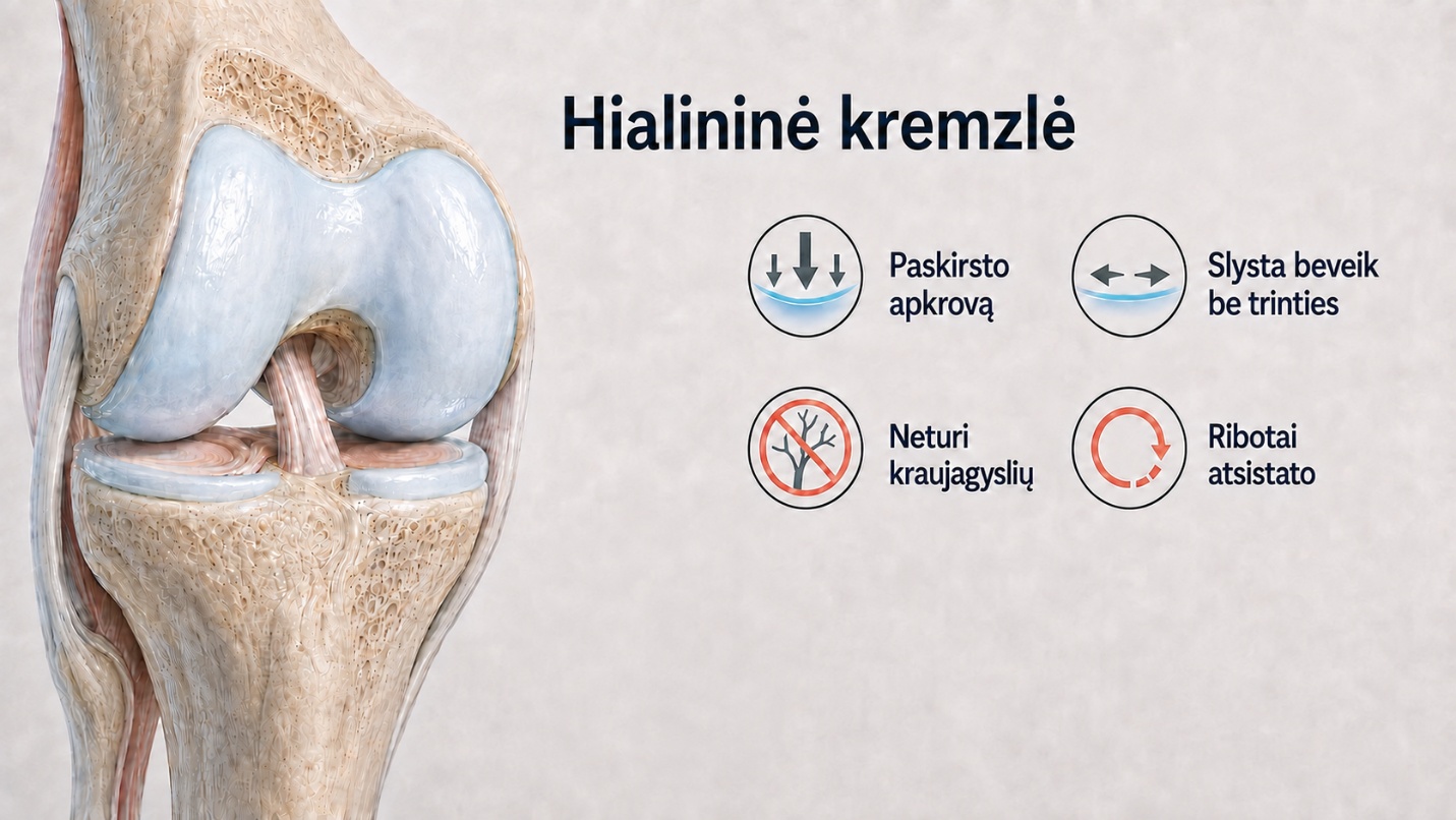 Hialininė kremzlė — tai audinys, nuo kurio priklauso sklandus sveiko kelio darbas.